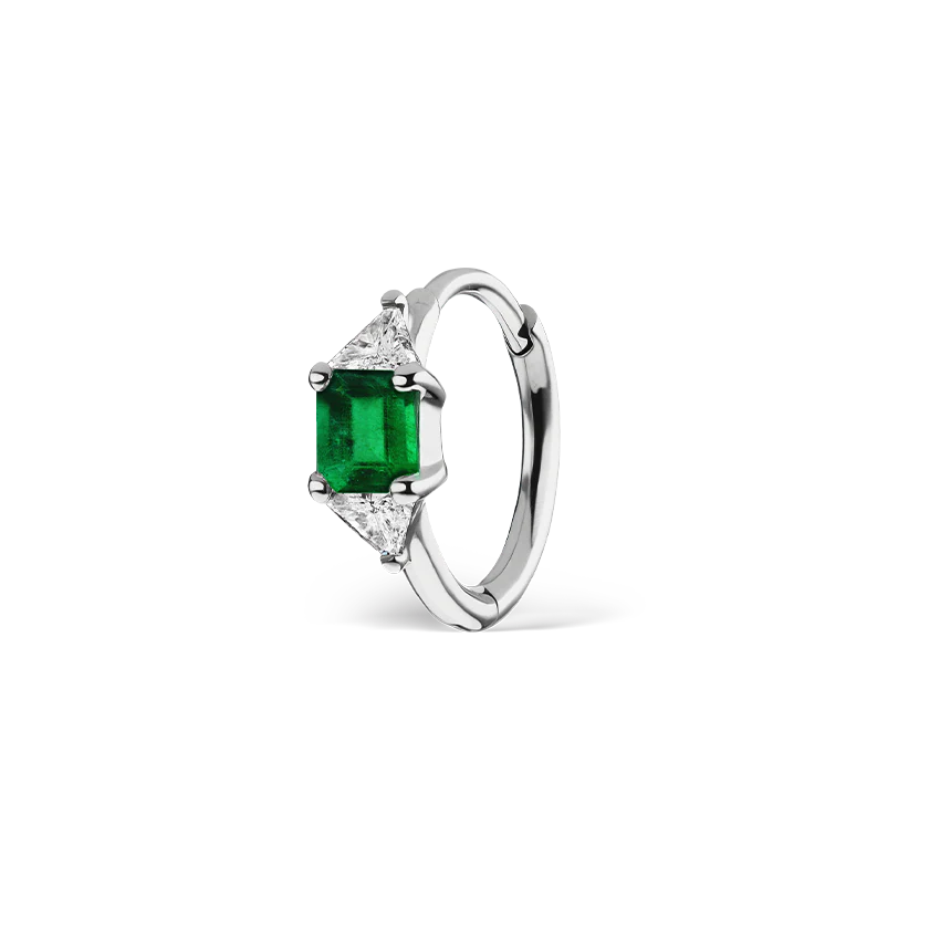 3mm Emerald and Diamond Princess Triangle Hoop (Non-Rotating)