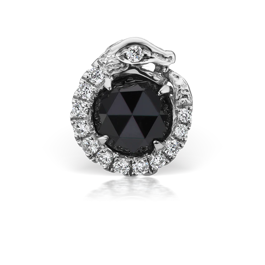 Black and White Diamond Pavé Ouroboros Threaded Stud Earring With Titanium Backing