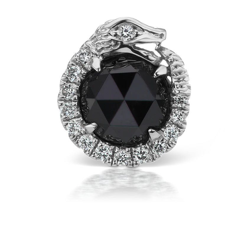 Black and White Diamond Pavé Ouroboros Threaded Stud Earring With Titanium Backing - Image 5