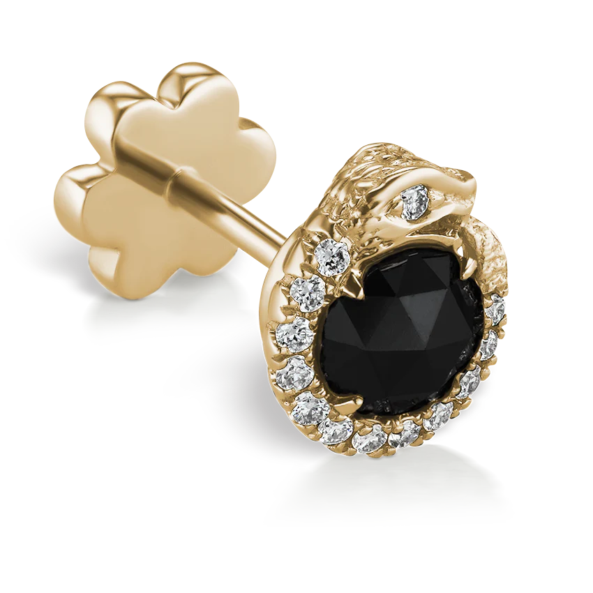 Black and White Diamond Pavé Ouroboros Threaded Stud Earring With Titanium Backing - Image 7