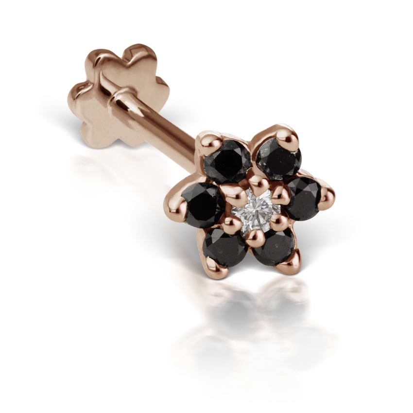 Black Diamond Flower Threaded Stud Earring With Titanium Backing - Image 13