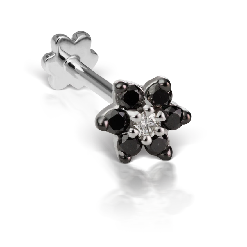 Black Diamond Flower Threaded Stud Earring With Titanium Backing - Image 2