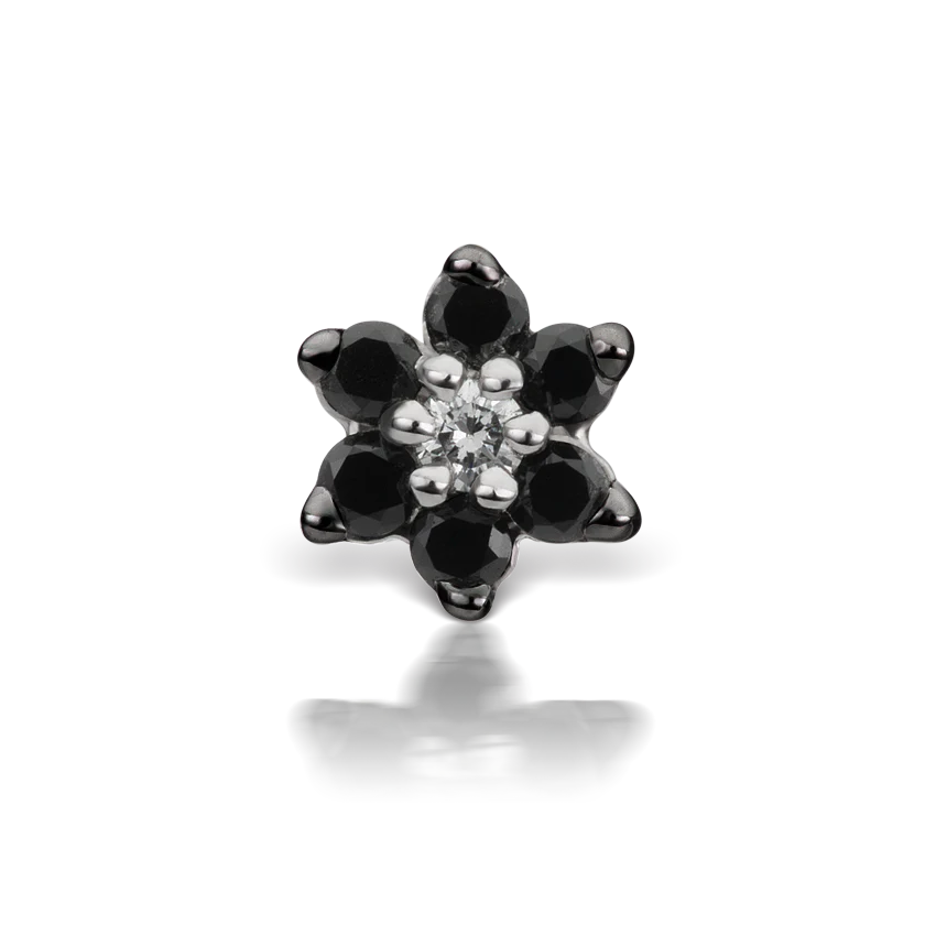 Black Diamond Flower Threaded Stud Earring With Titanium Backing - Image 3