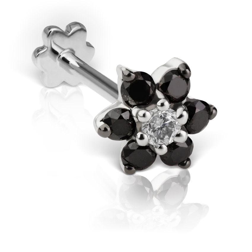 Black Diamond Flower Threaded Stud Earring With Titanium Backing - Image 7