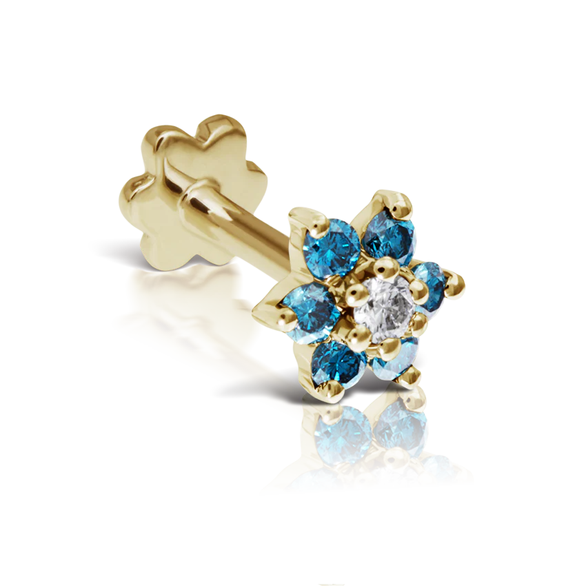 Blue Diamond Flower Threaded Stud Earring With Titanium Backing