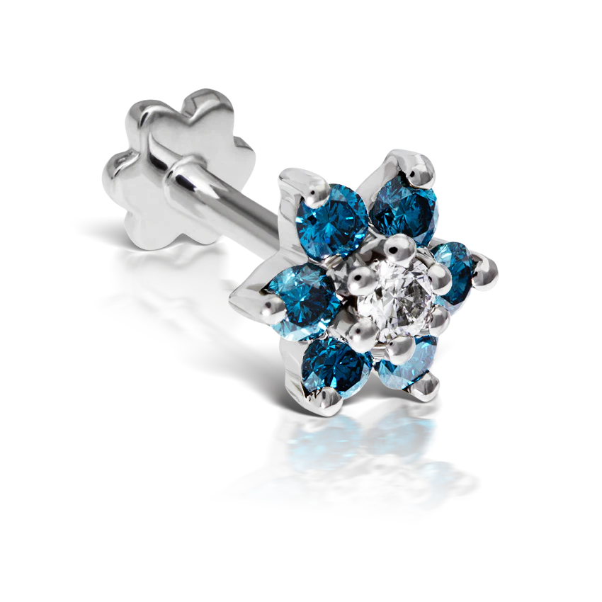 Blue Diamond Flower Threaded Stud Earring With Titanium Backing - Image 5