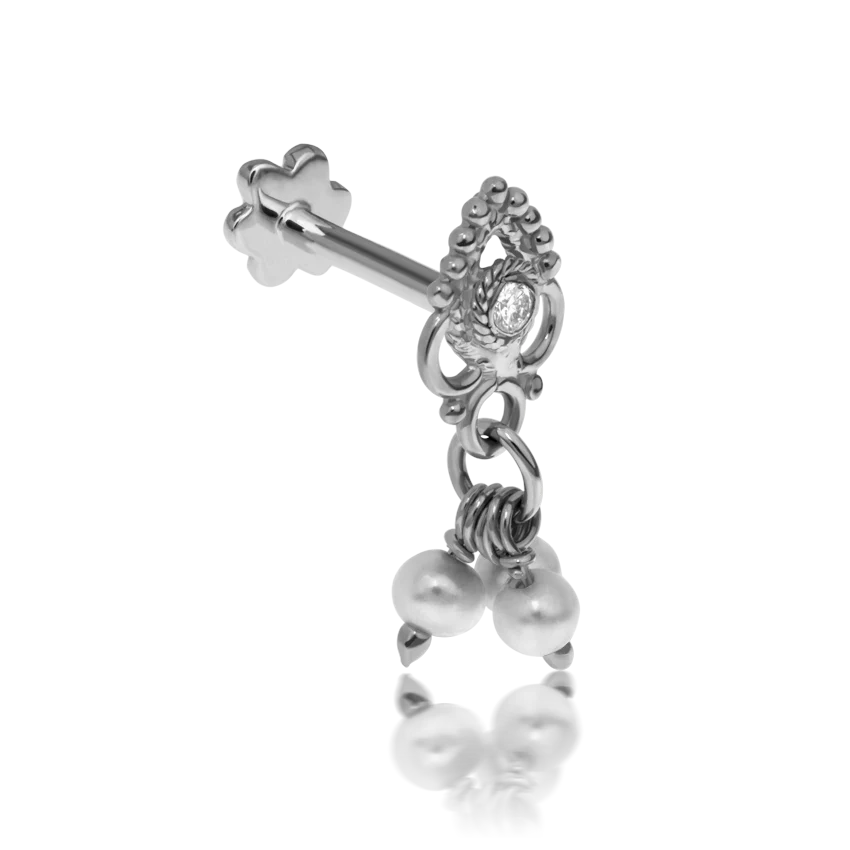 Diamond Ajna with Pearl Dangle Threaded Stud Earring With Titanium Backing - Image 3