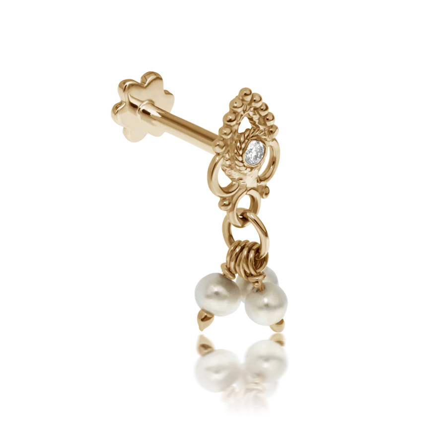 Diamond Ajna with Pearl Dangle Threaded Stud Earring With Titanium Backing - Image 7