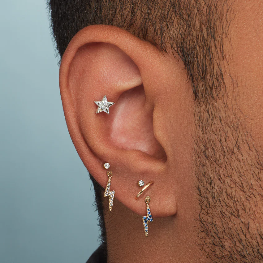 Diamond and Sapphire Lightning Bolt Threaded Charm Earring - Image 9