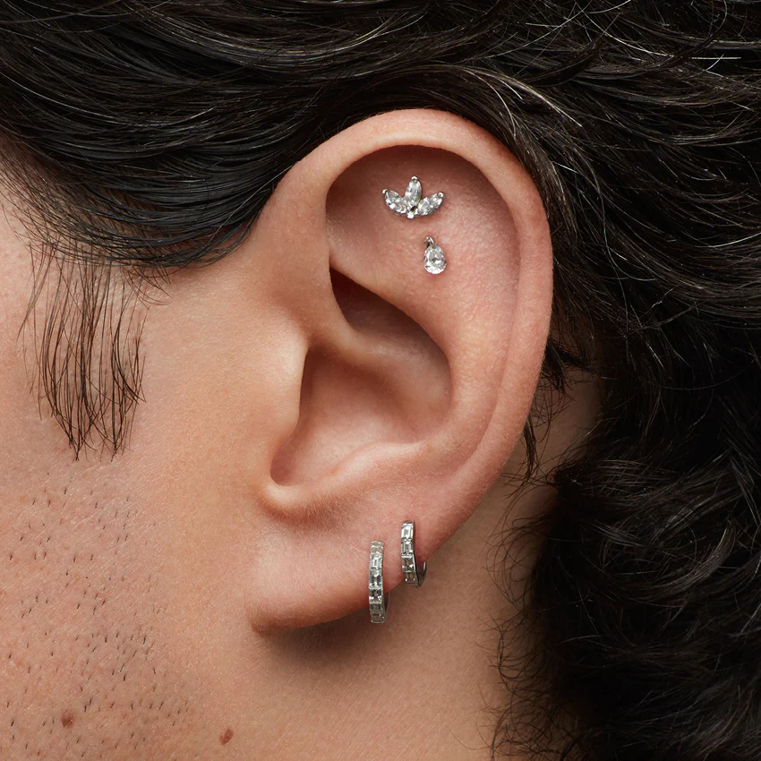 Diamond Engraved Lotus Threaded Stud Earring - Image 50