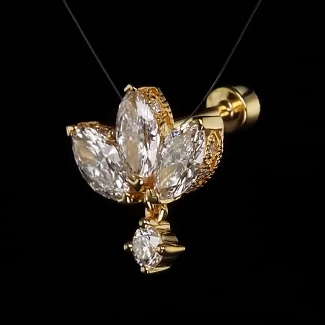 Diamond Engraved Lotus with Dangle Threaded Stud Earring With Titanium Backing - Image 19
