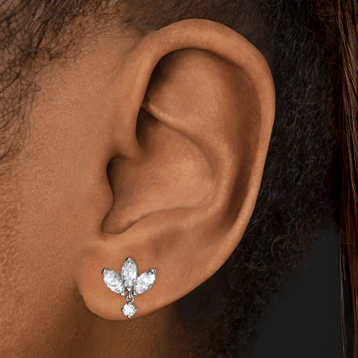 Diamond Engraved Lotus with Dangle Threaded Stud Earring With Titanium Backing - Image 5