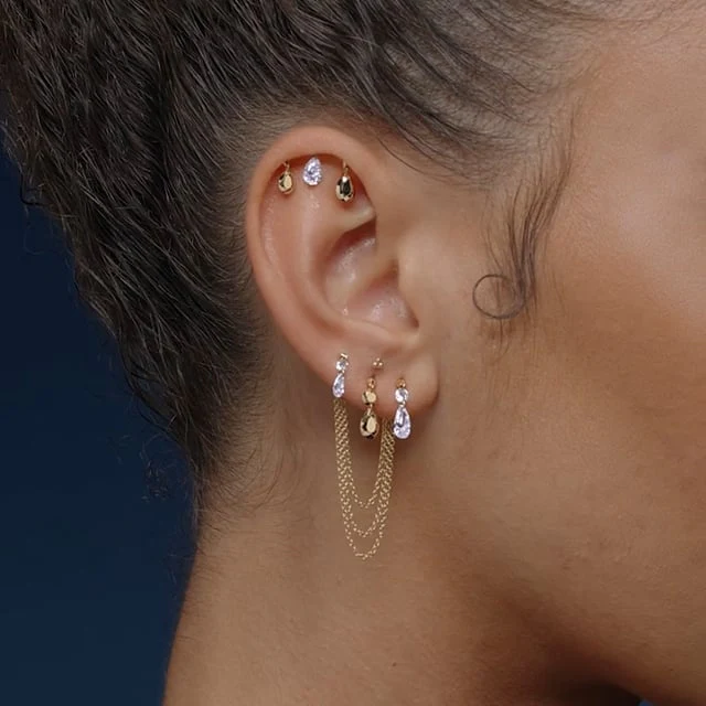 Double Faceted Gold Threaded Charm Stud Earring With Titanium Backing - Image 10