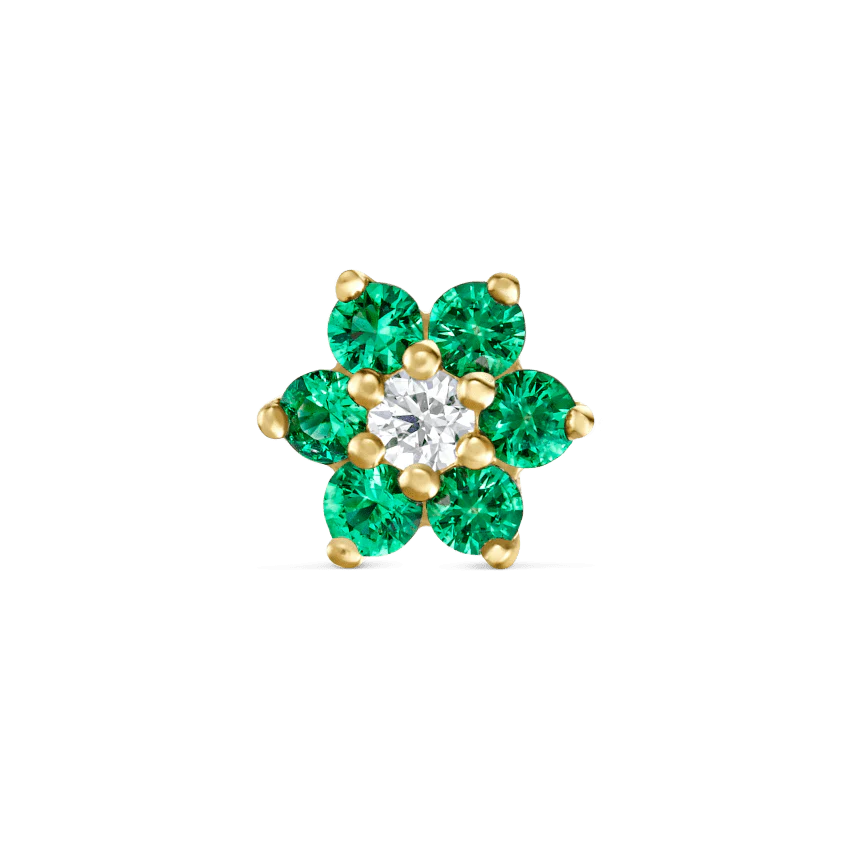 Emerald and Diamond Flower Threaded Stud Earring With Titanium Backing - Image 13