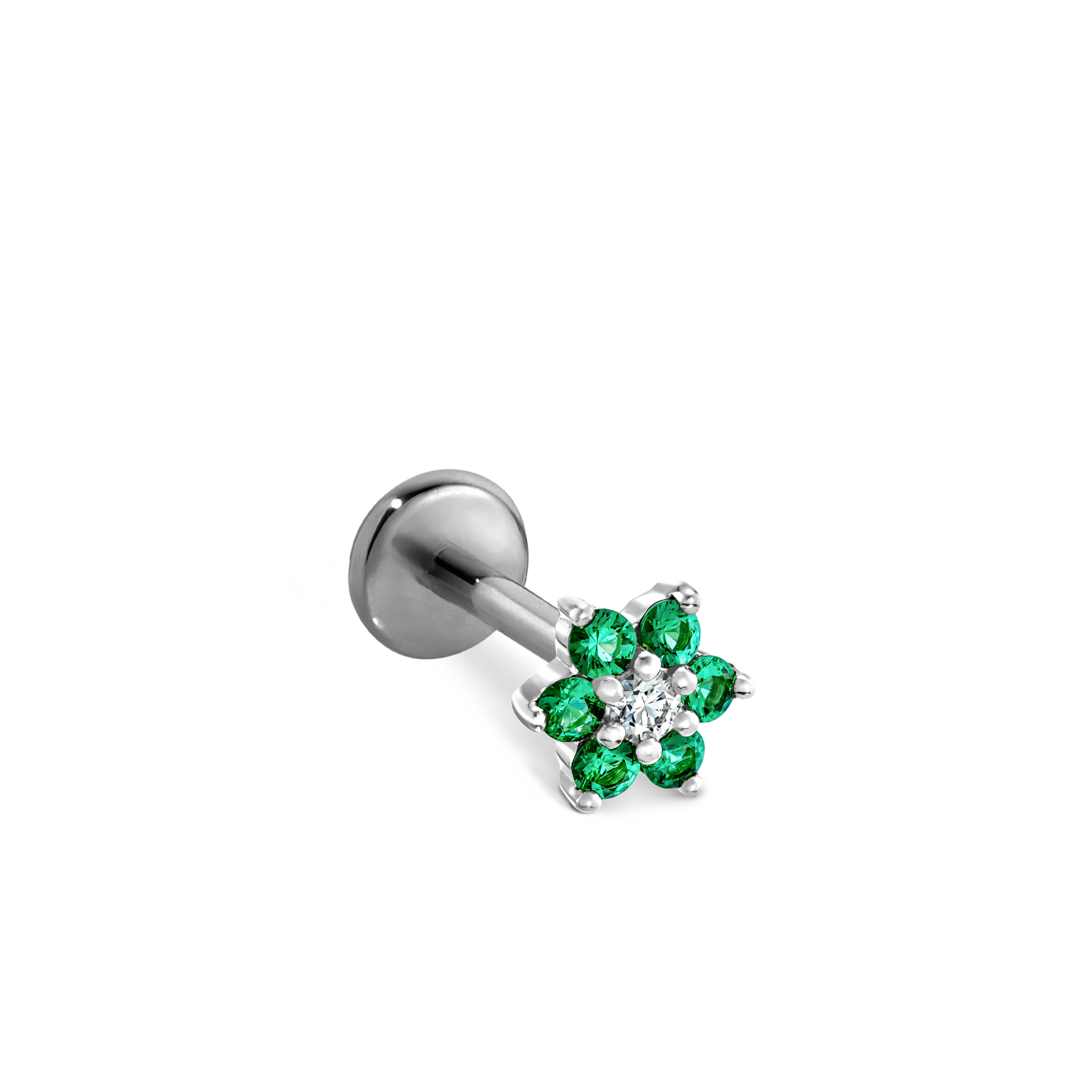 Emerald and Diamond Flower Threaded Stud Earring With Titanium Backing - Image 17