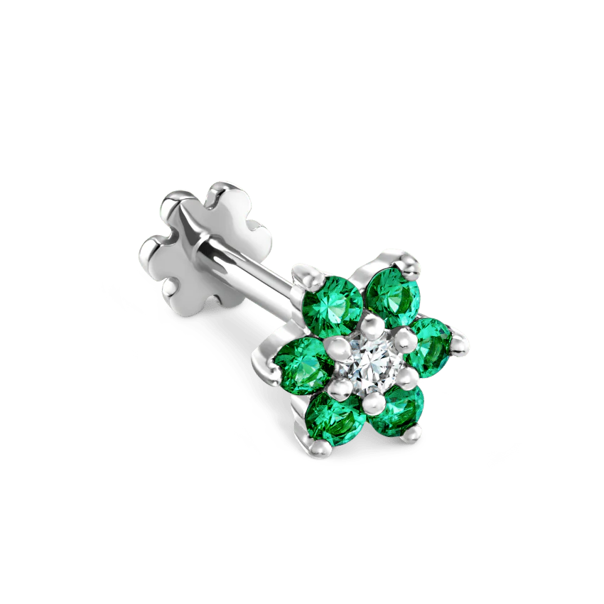 Emerald and Diamond Flower Threaded Stud Earring With Titanium Backing - Image 5