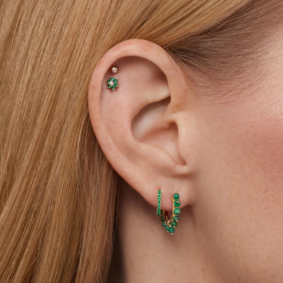 Emerald and Diamond Flower Threaded Stud Earring With Titanium Backing - Image 6