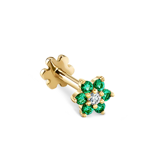 Emerald and Diamond Flower Threaded Stud Earring With Titanium Backing - Image 9