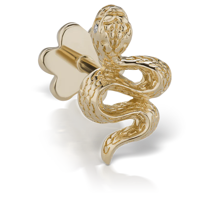 Engraved Snake with Diamond Eyes Threaded Stud Earring - Image 8