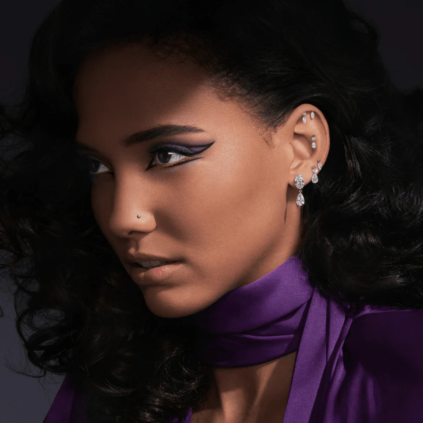 Floating Marquise and Round Diamond Drape Threaded Stud Earring - Image 5