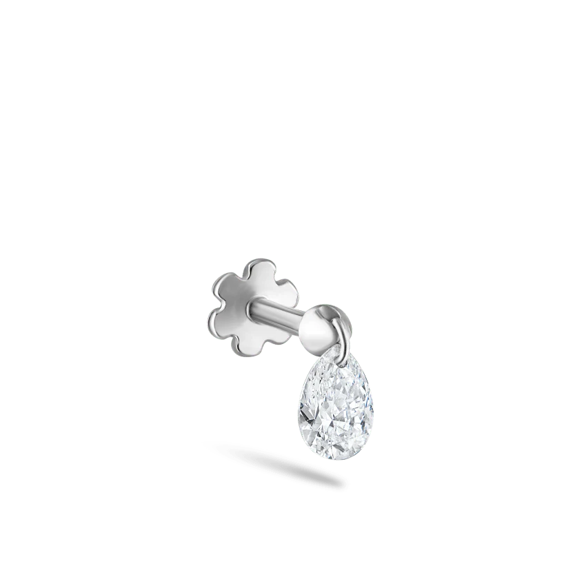 Floating Pear Diamond Charm Threaded Stud Earring With Titanium Backing