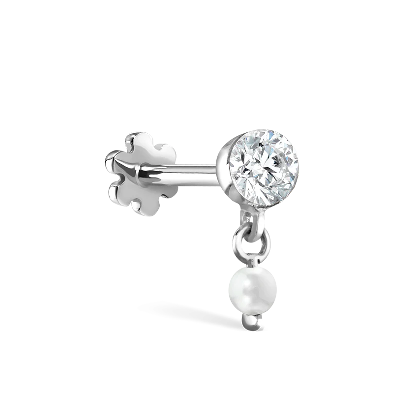 Invisible Set Diamond and Pearl Dangle Threaded Stud Earring