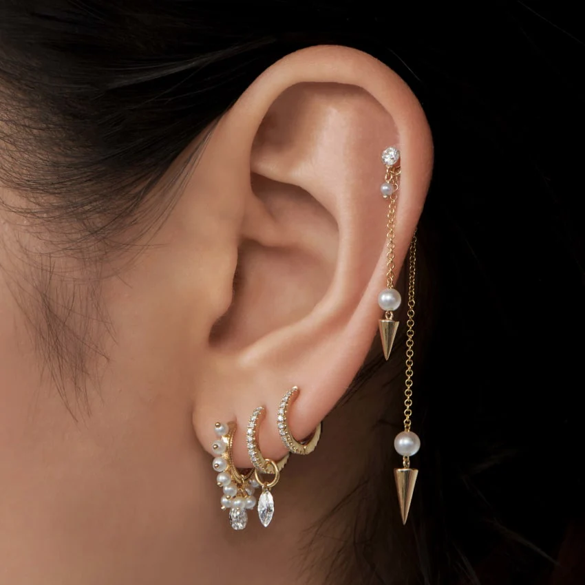 Invisible Set Diamond and Pearl Dangle Threaded Stud Earring - Image 6
