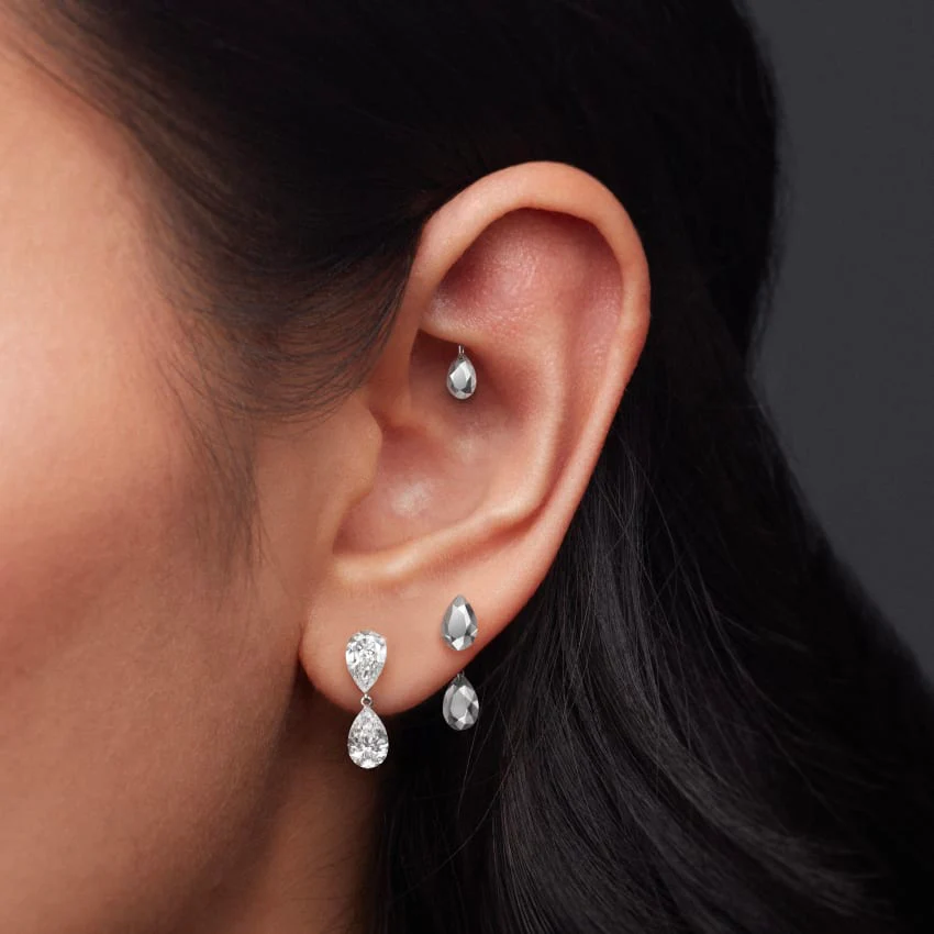 Invisible Set Diamond Pear Dangle Threaded Stud Earring With Titanium Backing - Image 8