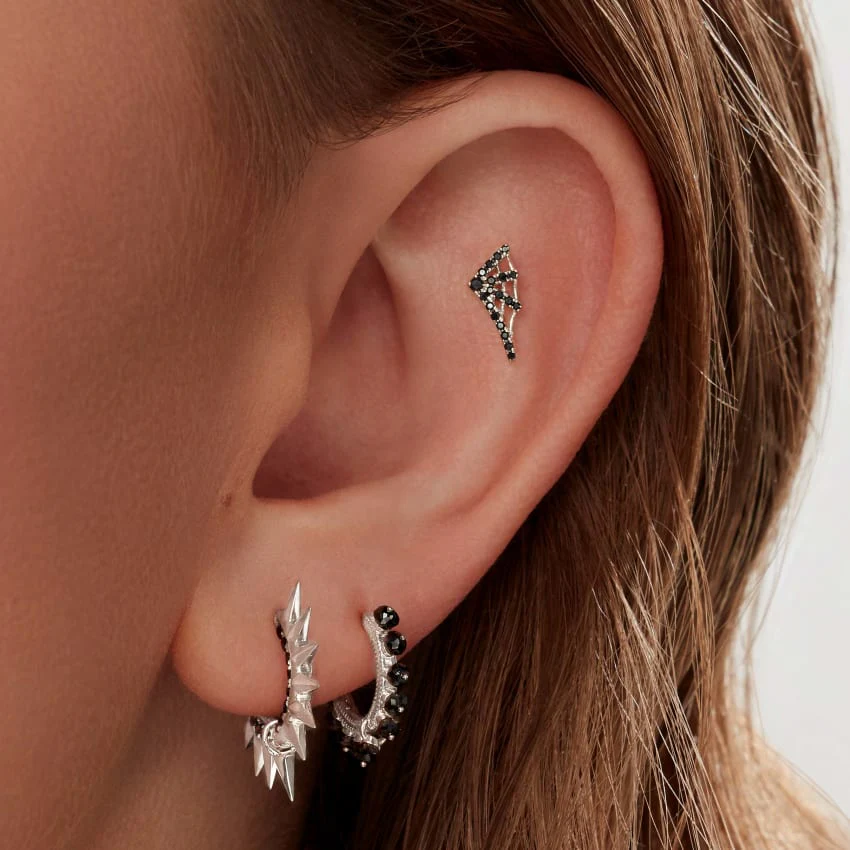 Metal Mohawk with Black and White Diamond Pavé Hoop Earring - Image 38
