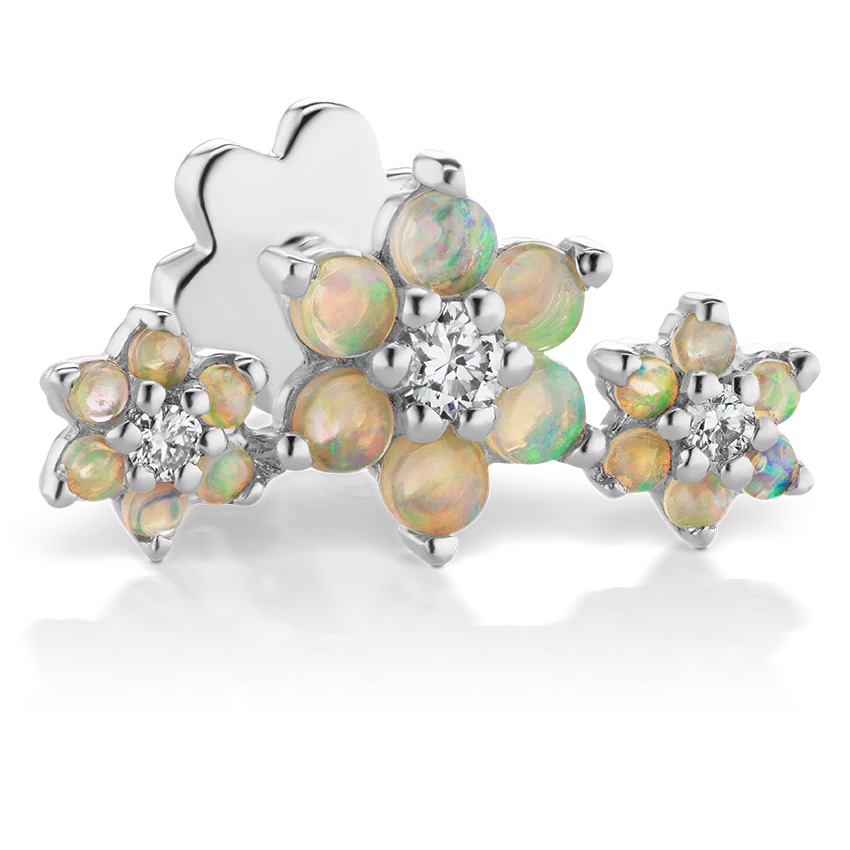 Opal and Diamond Three Flower Garland Threaded Stud Earring With Titanium Backing - Image 2
