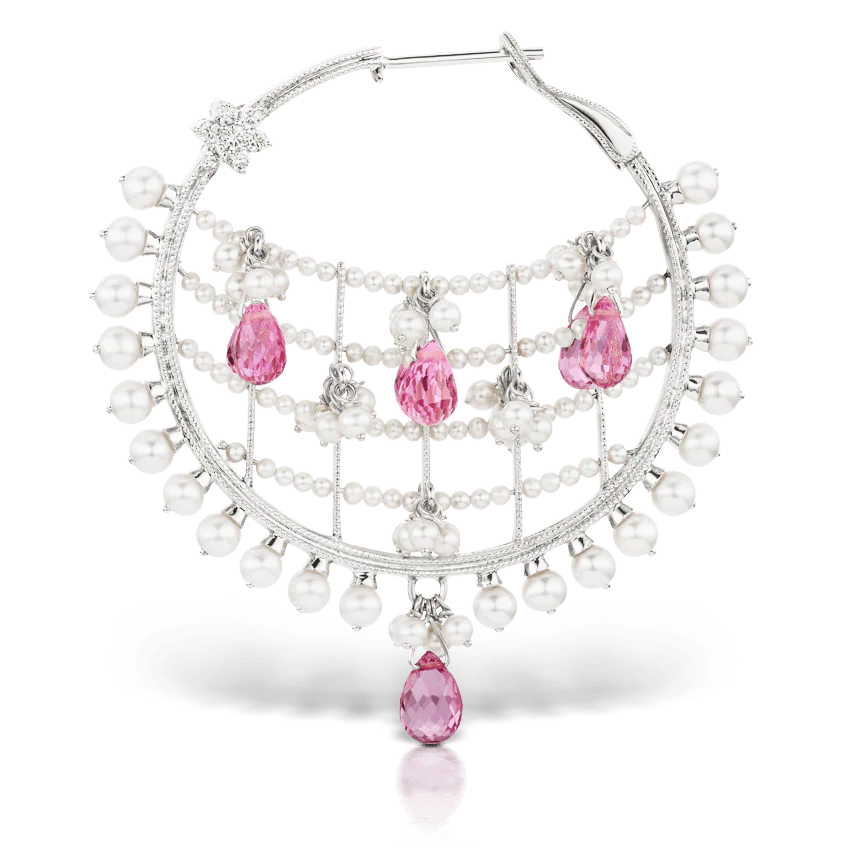Pearl Coronet Diamond Flower and Pink Briolettes Hoop Earring - Image 2