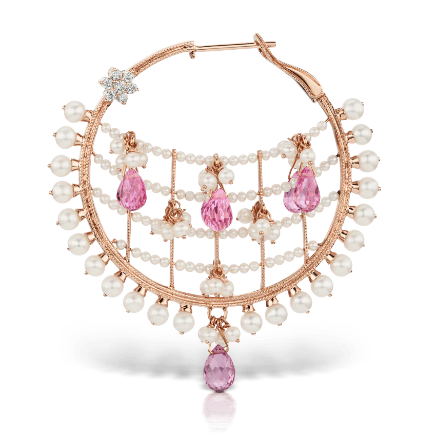 Pearl Coronet Diamond Flower and Pink Briolettes Hoop Earring - Image 4