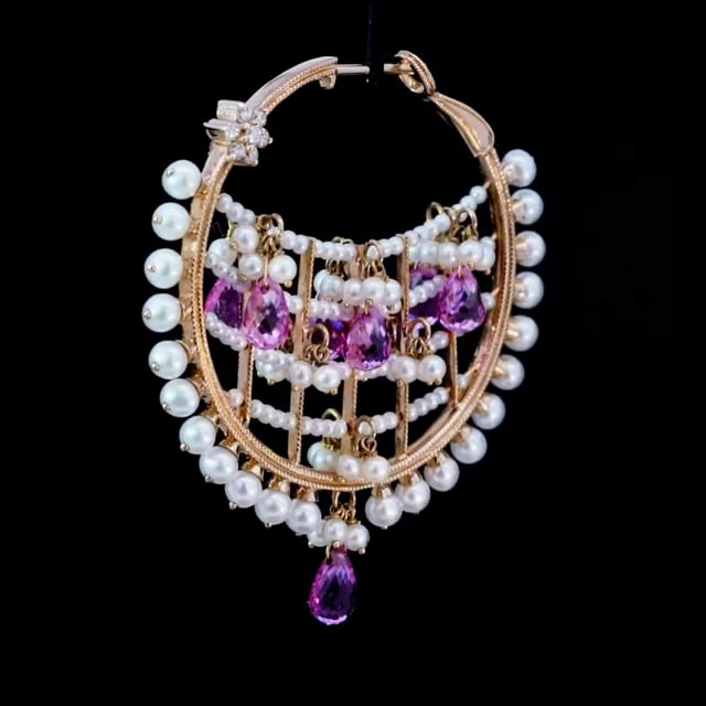 Pearl Coronet Diamond Flower and Pink Briolettes Hoop Earring - Image 5