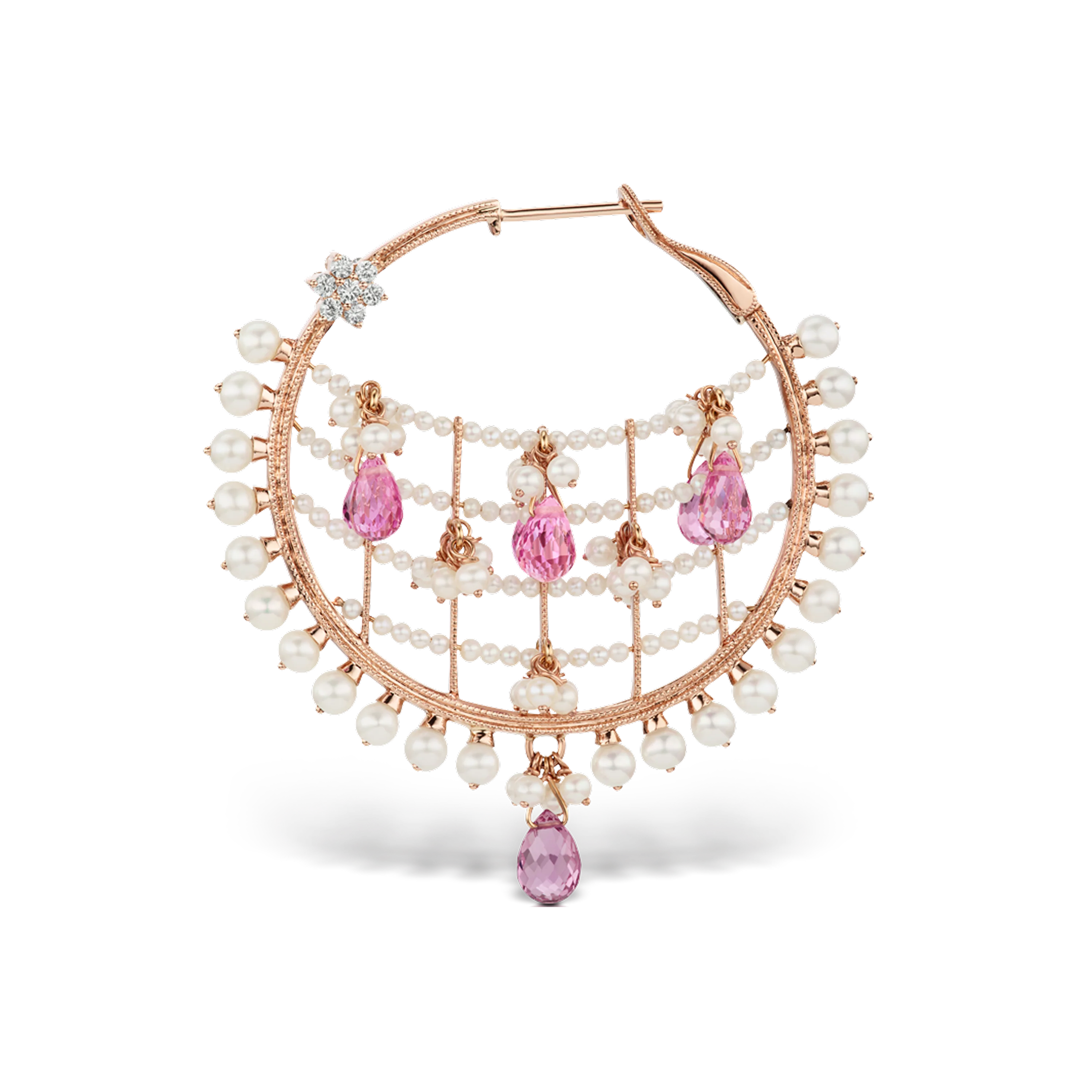 Pearl Coronet Diamond Flower and Pink Briolettes Hoop Earring - Image 6