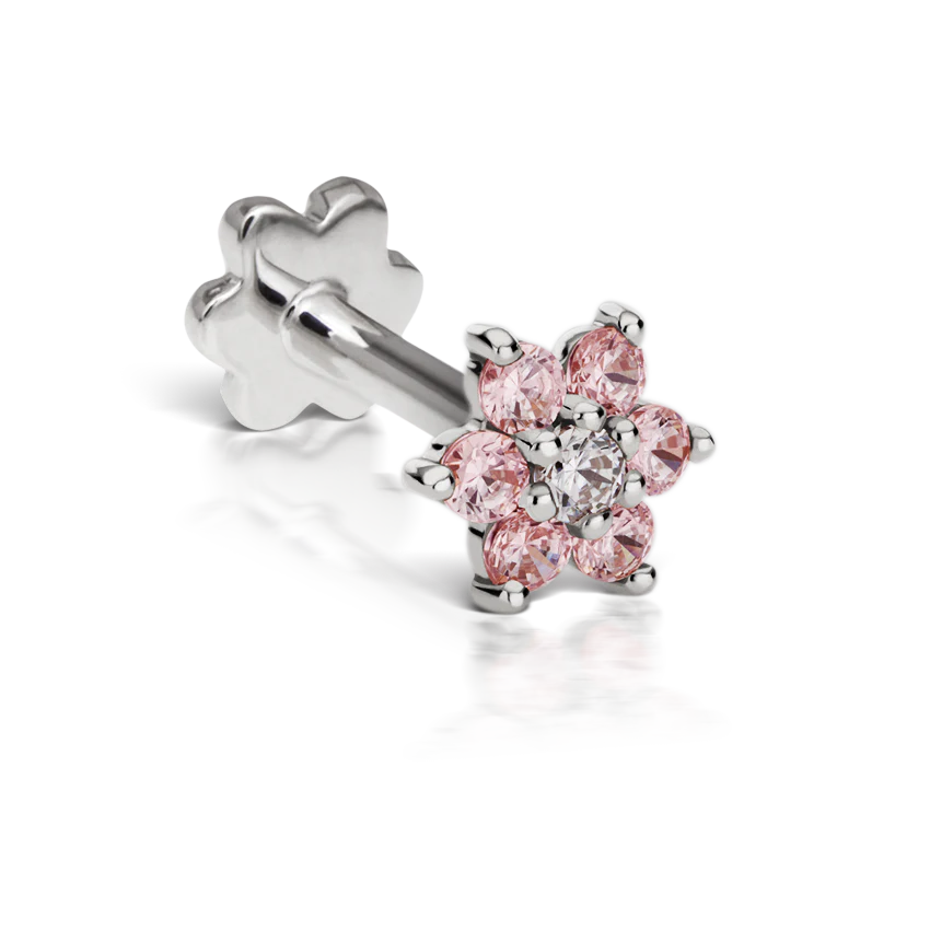 Pink Diamond Flower Threaded Stud Earring With Titanium Backing - Image 2