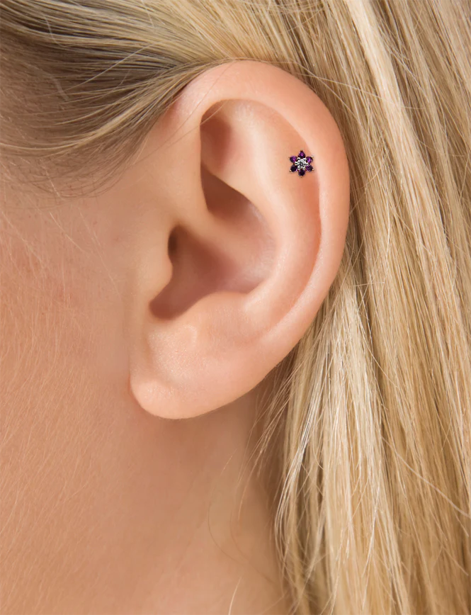 Rose Purple Diamond Flower Threaded Stud Earring With Titanium Backing - Image 16