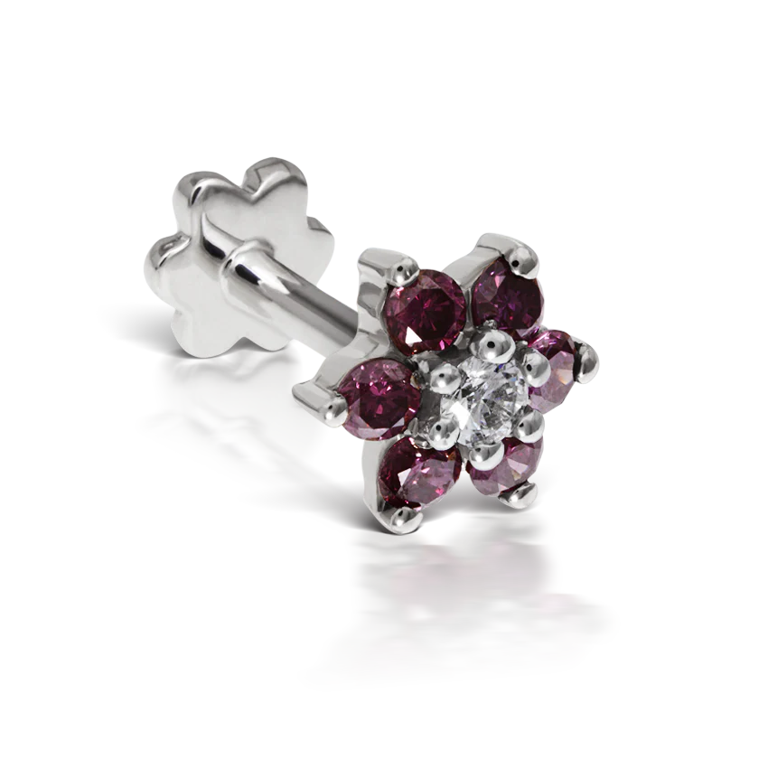 Rose Purple Diamond Flower Threaded Stud Earring With Titanium Backing - Image 5