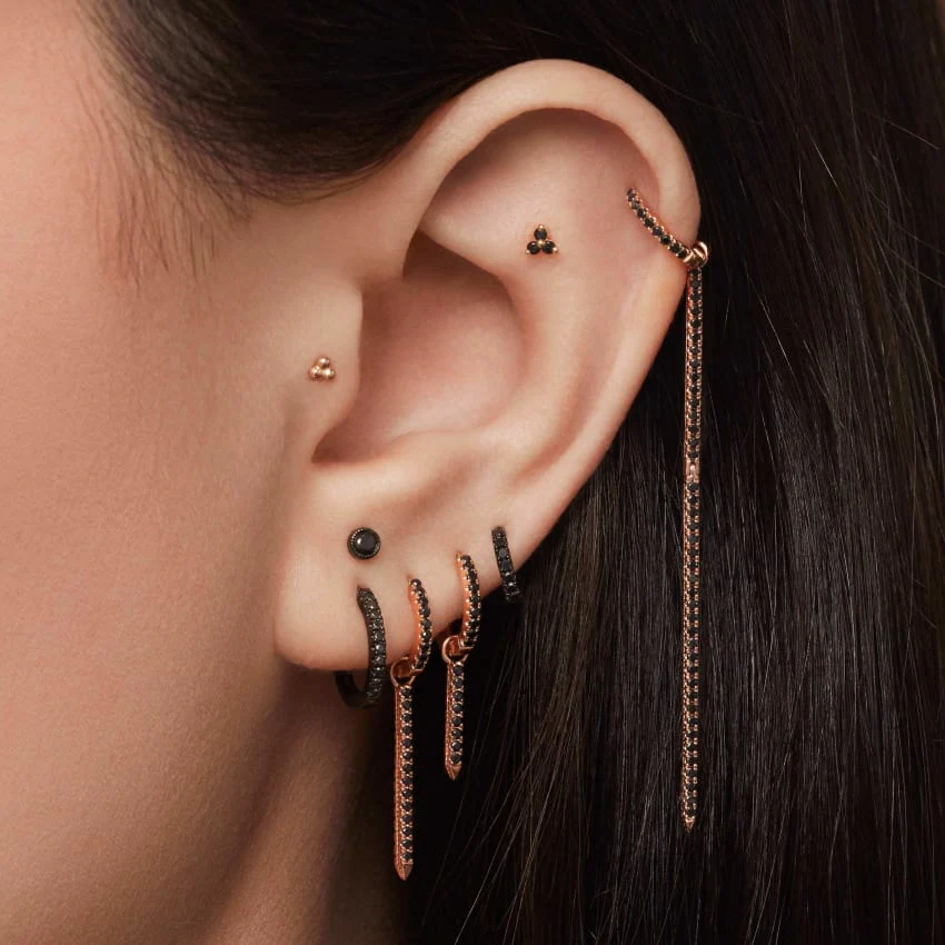 Scalloped Set Black Diamond Threaded Stud Earring - Image 14