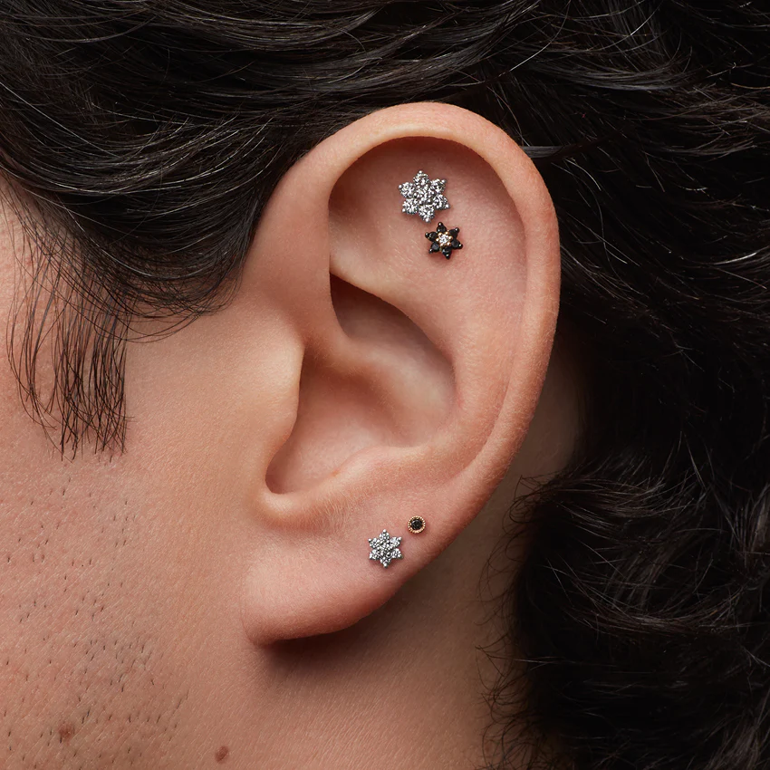Scalloped Set Black Diamond Threaded Stud Earring - Image 17