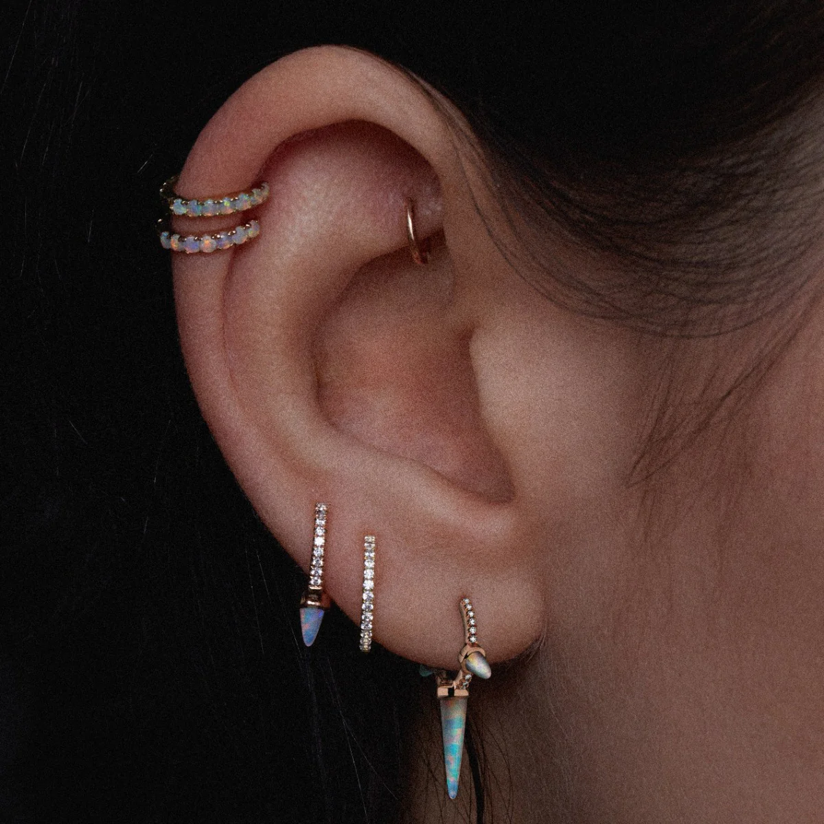 Single Short Opal Spike Diamond Eternity Hoop Earring - Image 4