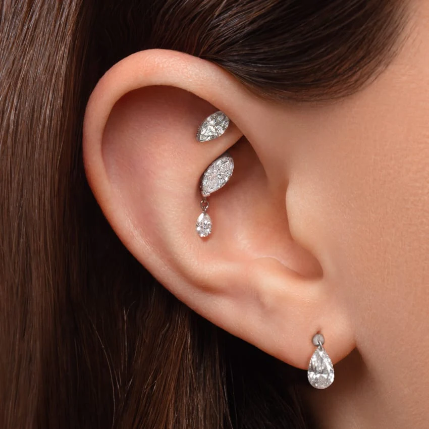 Single Teardrop Marquise Diamond Threaded Stud Earring - Image 10