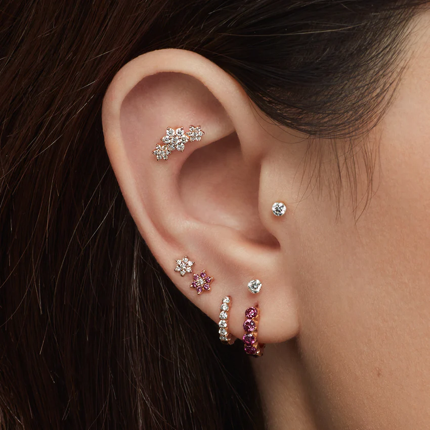 Three Flower Garland Diamond Threaded Stud Earring - Image 9