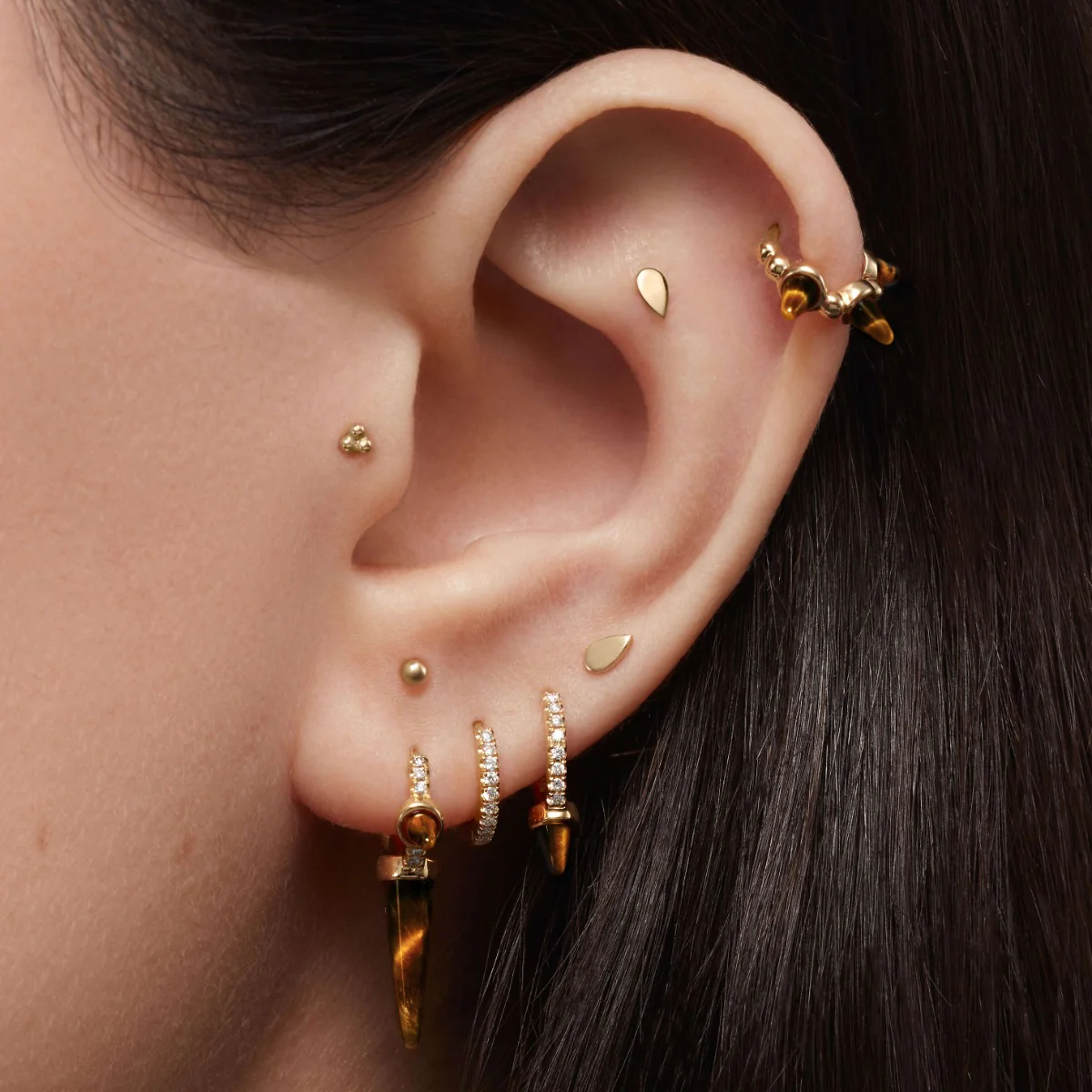 Tiger's Eye Short Spike Diamond Eternity Hoop Earring - Image 3