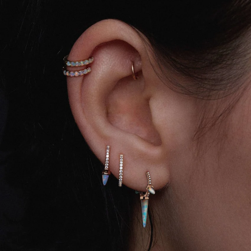 Triple Long Opal Spike Diamond Eternity Hoop Earring - Image 6